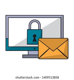 computer with padlock and envelope icon cartoon vector illustration graphic design