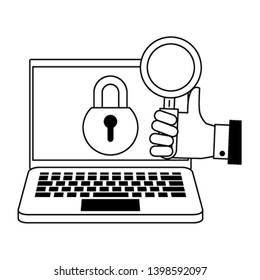 computer with padlock and magnifying glass in black and white