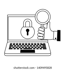 computer with padlock and magnifying glass icon cartoon vector illustration graphic design
