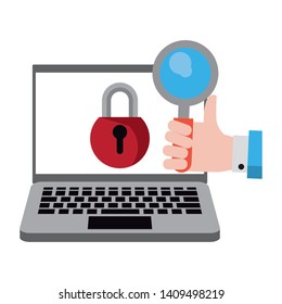 computer with padlock and magnifying glass icon cartoon vector illustration graphic design