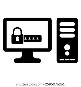 computer with padlock password icon in trendy silhouette style design. Vector illustration isolated on white background.