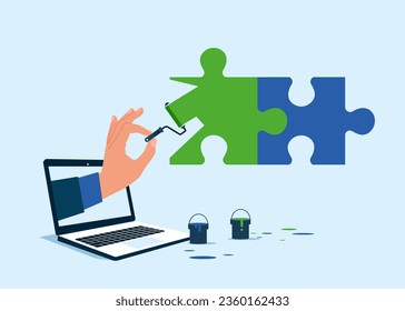 La computadora pinta un rompecabezas. Colaboración o asociación, negocios, inversión. Ilustración del vector
