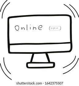 Computer painted in doodle style. Online booking via internet. Isolated monitor on white background
