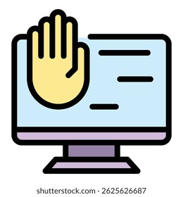 Vetor de contorno de ícone de digitalização da palma do computador. Reconhecimento da mão. Cor de digitalização biométrica plana