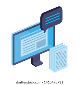 computer with paper document files and speech bubble