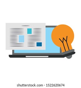 computer with paper page and light bulb over white background, vector illustration