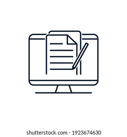 Computer, Paper, Pencil. Distance Learning Concept, Online Lecture. Vector Icon Isolated On White Background. 