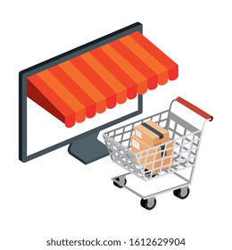 computer with parasol and cart shopping vector illustration design