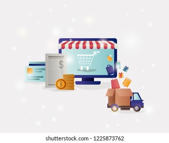 computer with parasol and ecommerce icons