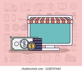 computer with parasol and ecommerce icons