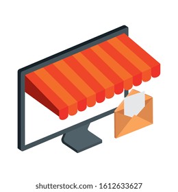 computer with parasol and envelope isolated icon vector illustration design