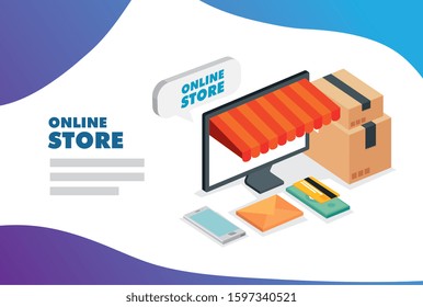 computer and parasol with icons of store online vector illustration design