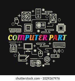 computer part colorful gradient with line icons set, vector editable stroke