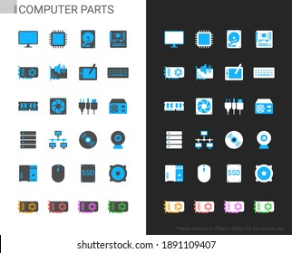 Die Symbole der Computerteile leuchten und dunkles Thema. Pixel perfekt.