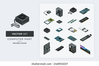 Illustration zum Computerteil Isometric Set Template. enthalten Hardware-Hauptplatine, CPU, Prozessor, Chip, Speicher, Mikrochip, RAM, Laufwerk, Lüfter, System, hdd, Mikroprozessor, Kühler. EPS10