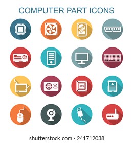 computer part long shadow icons, flat vector symbols