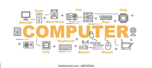 computer part vector banner design concept, flat style with thin line art icons on white background
