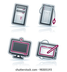 Computer parts and accesories, pictured here from left to right:  Computer Case, Keyboard, LCD Monitor, Tablet and Pen.