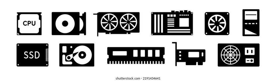 Computer Parts. Accessories. Black Icons Isolated On White Background. Vector Clipart.