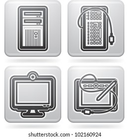 Computer parts and accessories, pictured here from left to right: Computer Case, Keyboard, LCD Monitor, Tablet and Pen.