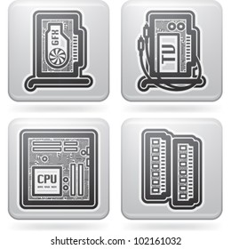 Computer parts and accessories, pictured here from left to right: Graphics Card, TV Card, Mainboard, Memory Modules.