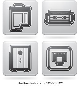 Computer parts and accessories, pictured here from left to right: Computer mouse, Internet Camera, Computer speakers, Game pad.