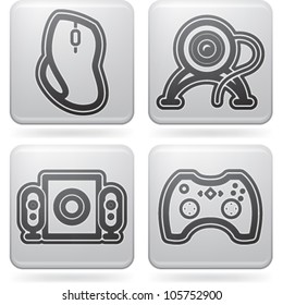 Computer parts and accessories, pictured here from left to right: Computer mouse, Internet Camera, Computer speakers, Game pad.
