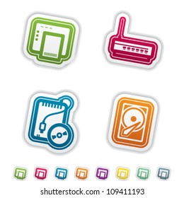 Computer parts and accessories, pictured here from left to right:  ADSL modem, Wi-Fi Router, Portable CD-ROM Drive, Internal Hard Disk Drive.
