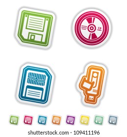 Computer parts and accessories, pictured here from left to right:  3,5' diskette, CD-ROM disk, Memory Card, Pen Drive.