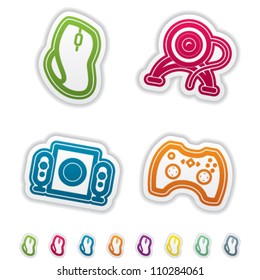 Computer parts and accessories, pictured here from left to right:  Computer mouse, Internet Camera, Computer speakers, Game pad.