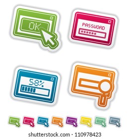 Computer parts and accessories, pictured here from left to right:  OK dialog window, Password window, Downloading progress window, Search window.