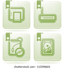 Computer parts and accessories, pictured here from left to right: ADSL modem, Wi-Fi Router, Portable CD-ROM Drive, Internal Hard Disk Drive.