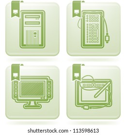 Computer parts and accessories, pictured here from left to right: Computer Case, Keyboard, LCD Monitor, Tablet and Pen.