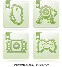Computer parts and accessories, pictured here from left to right: Computer mouse, Internet Camera, Computer speakers, Game pad.