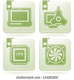 Computer parts and accessories, pictured here from left to right: Laptop, Color Profile Monitor Calibrator, CPU Processor, Mainboard Fan.
