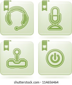 Computer parts and accessories, pictured here from left to right:  Headphones, Microphone, Joystick, Power button.