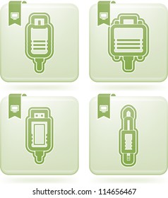 Computer parts and accessories, pictured here from left to right:  FireWire plug, Computer VGA Screen plug, USB plug, Mini-jack plug.