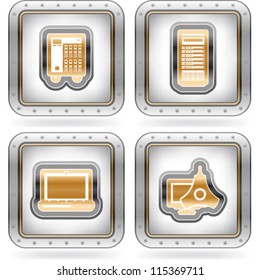 Computer parts and accessories, pictured here from left to right: Small Internet Server, Server Rack Case, External RAID Disk, Data Center.