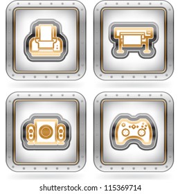 Computer parts and accessories, pictured here from left to right: Computer mouse, Internet Camera, Computer speakers, Game pad.