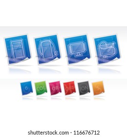 Computer parts and accessories, pictured here from left to right:  Computer Case, Keyboard, LCD Monitor, Tablet and Pen.