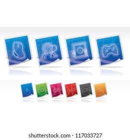 Computer parts and accessories, pictured here from left to right:  Computer mouse, Internet Camera, Computer speakers, Game pad.