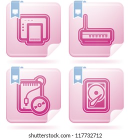 Computer parts and accessories, pictured here from left to right:  ADSL modem, Wi-Fi Router, Portable CD-ROM Drive, Internal Hard Disk Drive.
