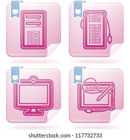 Computer parts and accessories, pictured here from left to right:  Computer Case, Keyboard, LCD Monitor, Tablet and Pen.