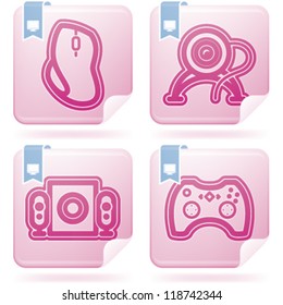 Computer parts and accessories, pictured here from left to right:  Computer mouse, Internet Camera, Computer speakers, Game pad.