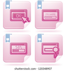 Computer parts and accessories, pictured here from left to right:  OK dialog window, Password window, Downloading progress window, Search window.