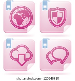 Computer parts and accessories, pictured here from left to right:  Globe, Antivirus, Cloud Service, Chat Service.