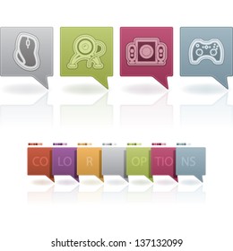 Computer parts and accessories, pictured here from left to right:  Computer mouse, Internet Camera, Computer speakers, Game pad.