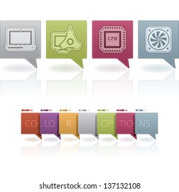 Computer parts and accessories, pictured here from left to right:  Laptop, Color Profile Monitor Calibrator, CPU Processor, Mainboard Fan.