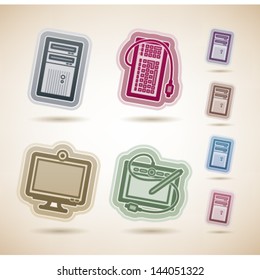Computer parts and accessories, pictured here from left to right, top to bottom:   Computer Case, Keyboard, LCD Monitor, Tablet and Pen.
