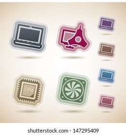 Computer parts and accessories, pictured here from left to right, top to bottom:   Laptop, Color Profile Monitor Calibrator, CPU Processor, Mainboard Fan. 